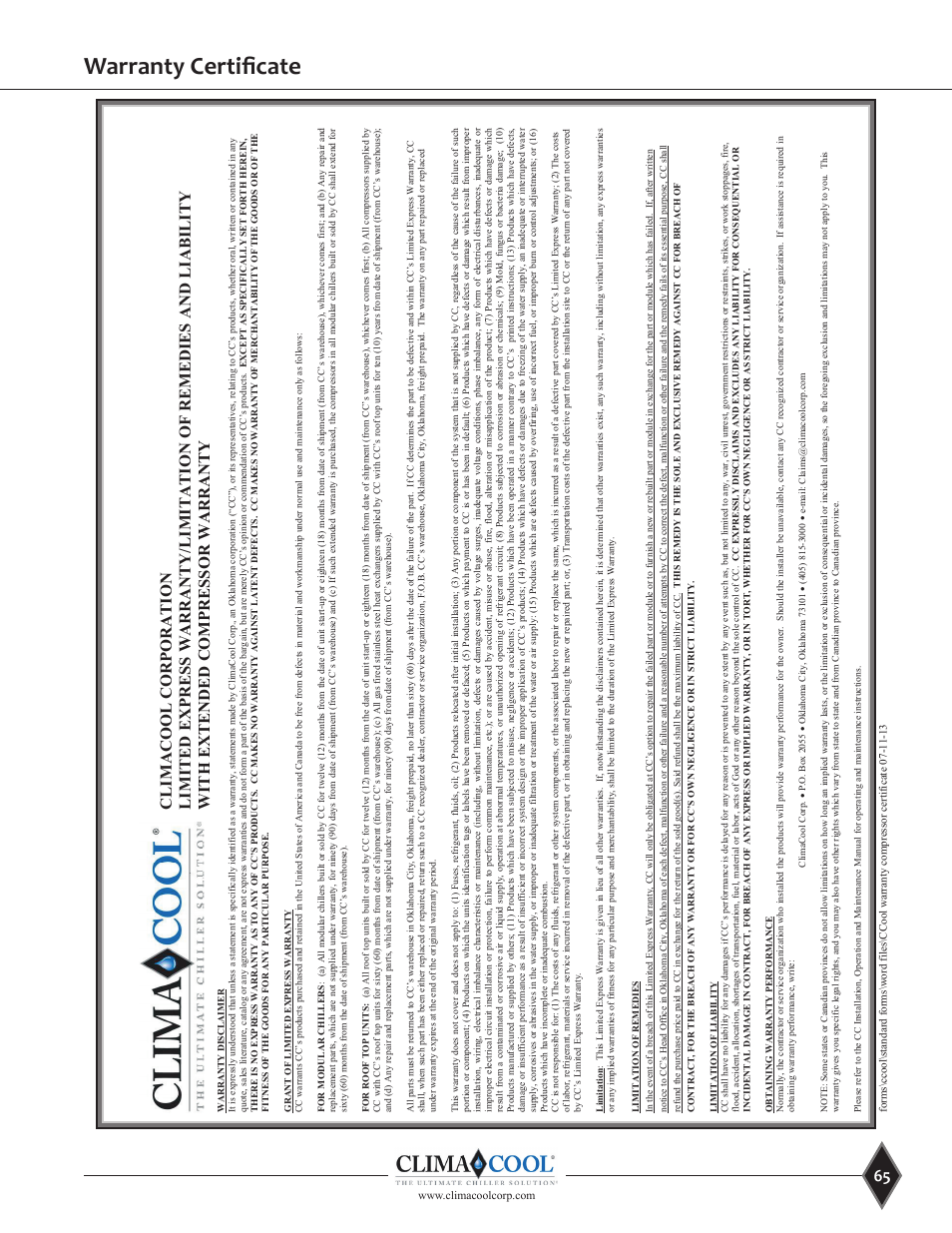 Warranty certificate | ClimaCool UGW Manual User Manual | Page 67 / 68