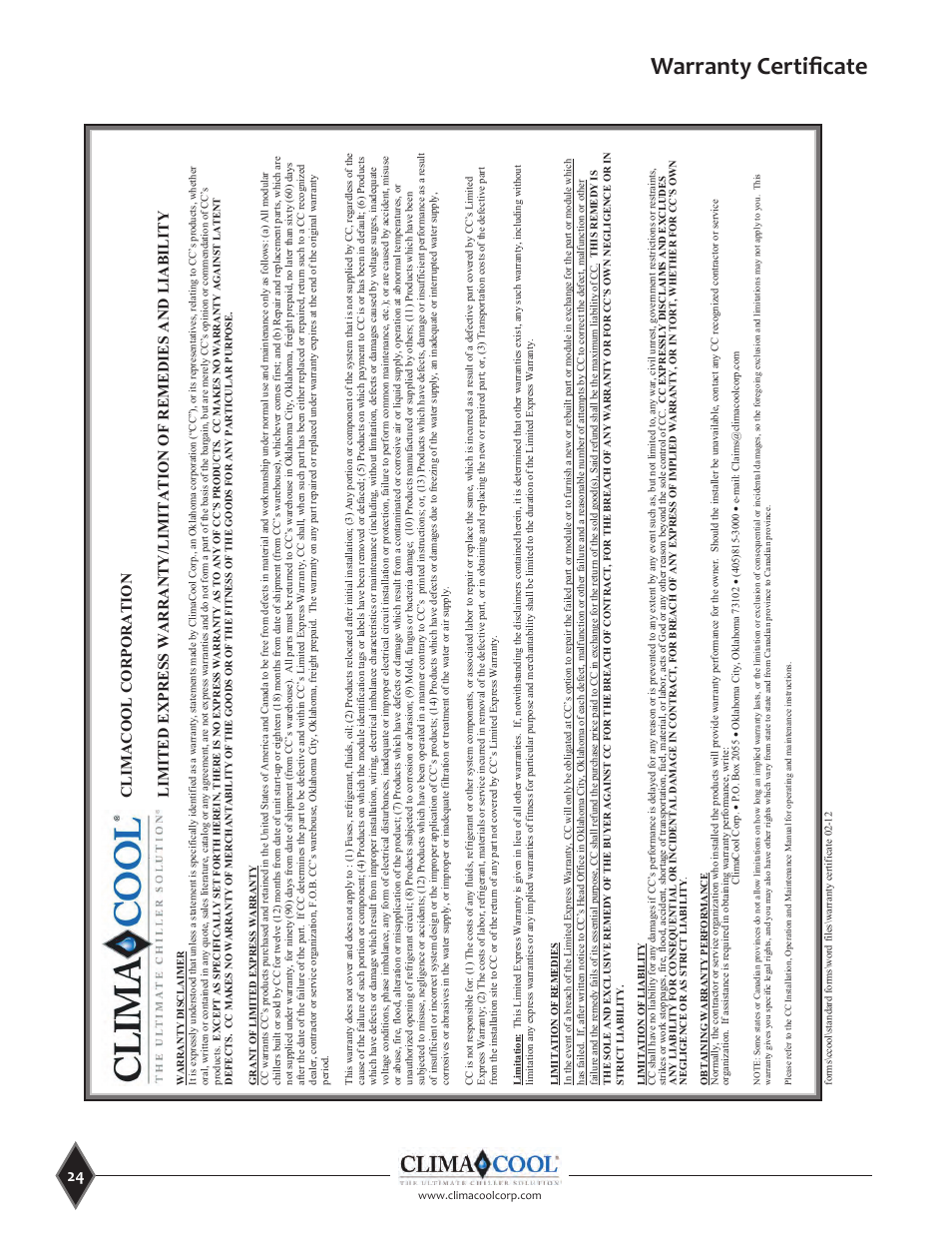 Warranty certificate | ClimaCool CoolLogic Control System User Manual | Page 24 / 25