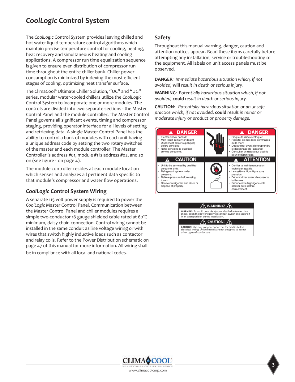 Coollogic control system, Coollogic control system wiring, Safety | Danger, Caution attention | ClimaCool CoolLogic Control System User Manual | Page 3 / 25