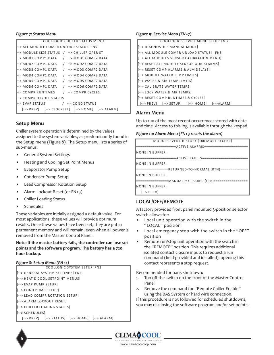 Alarm menu, Local/off/remote, Setup menu | ClimaCool CoolLogic Control System User Manual | Page 6 / 25