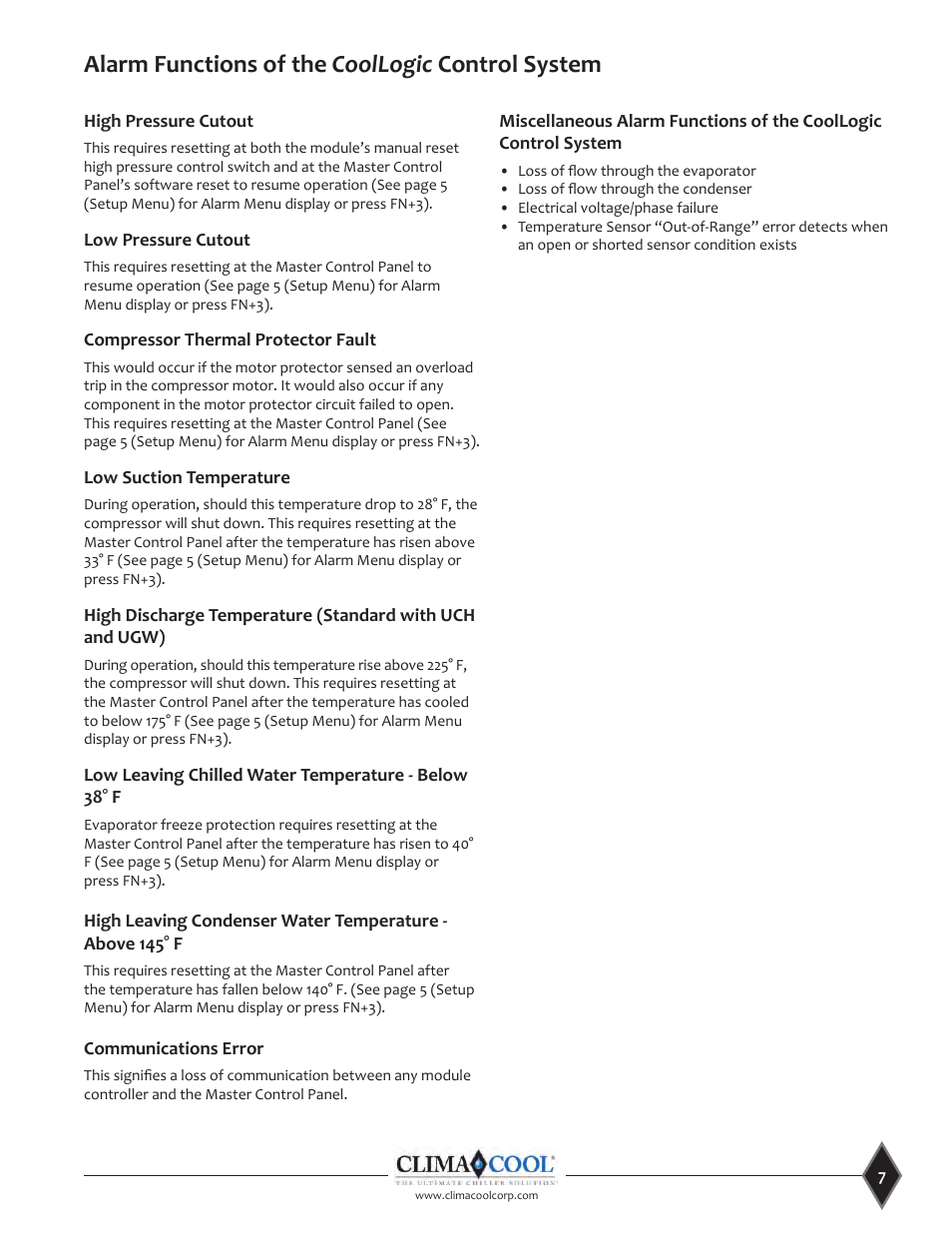 Alarm functions of the coollogic control system | ClimaCool CoolLogic Control System User Manual | Page 7 / 25