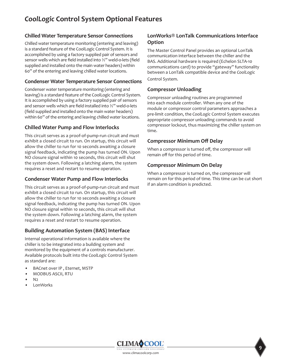 Coollogic control system optional features | ClimaCool CoolLogic Control System User Manual | Page 9 / 25