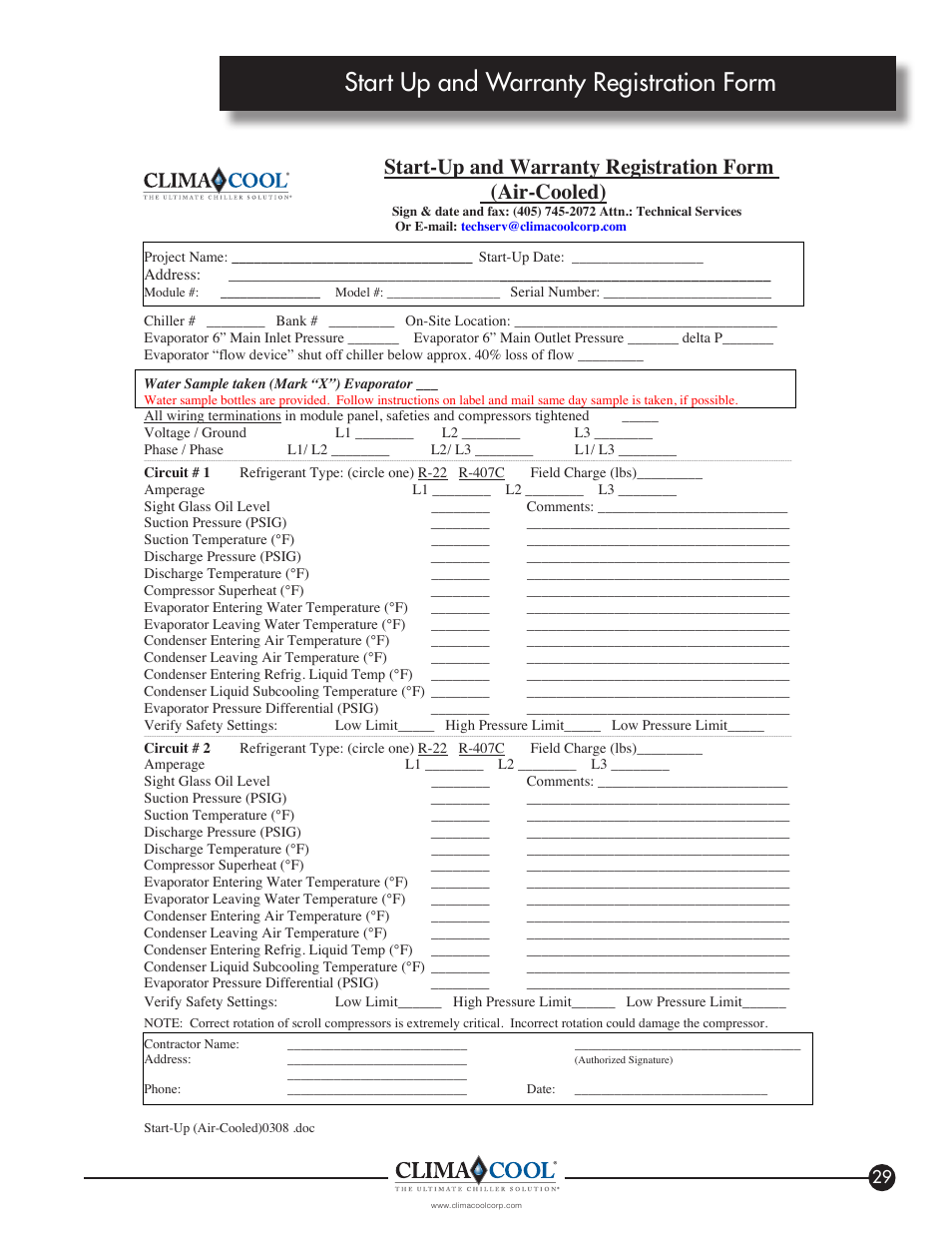 Start up and warranty registration form | ClimaCool IOM AR2 SERIES User Manual | Page 31 / 80