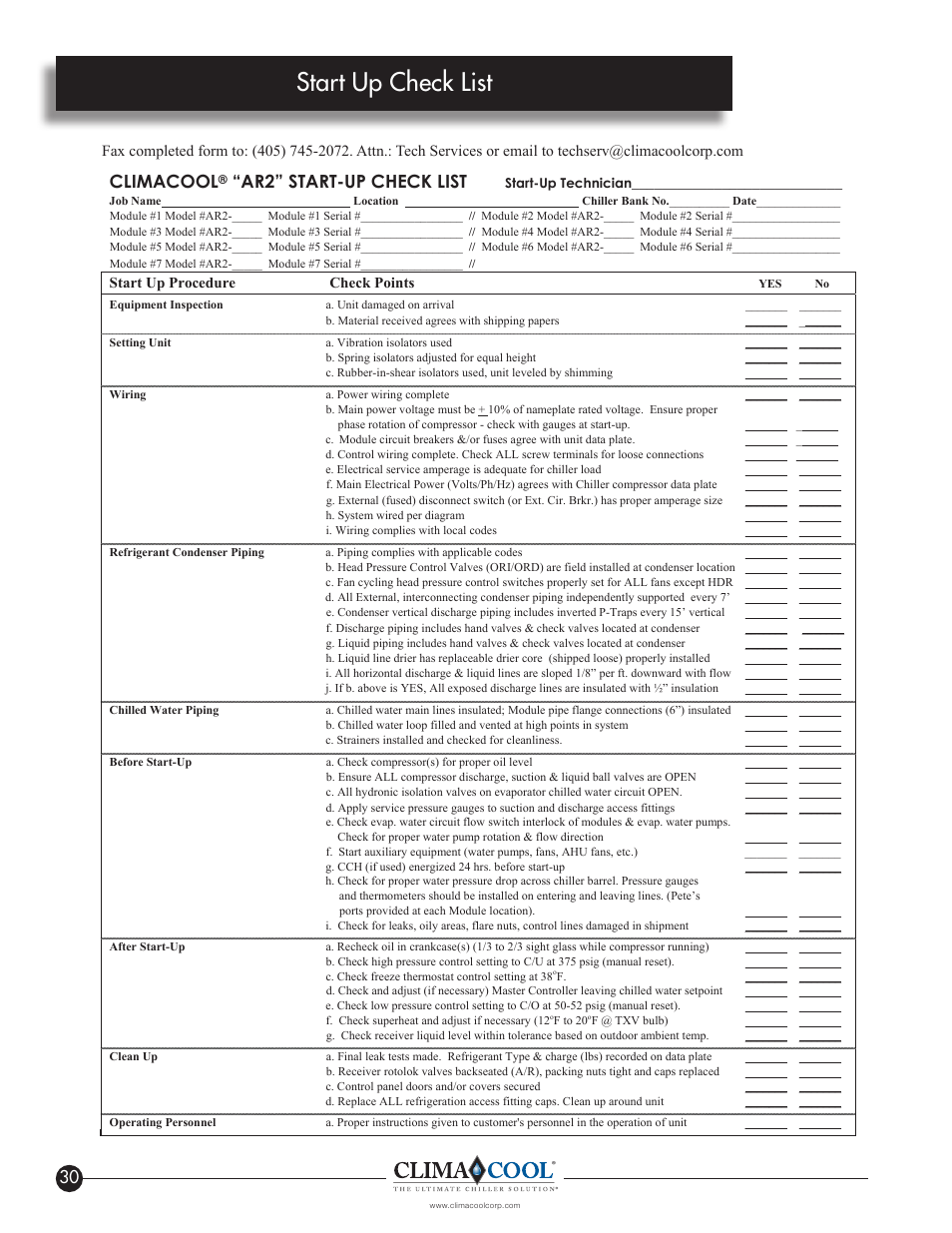 Start up check list, Climacool, Ar2” start-up check list | ClimaCool IOM AR2 SERIES User Manual | Page 32 / 80