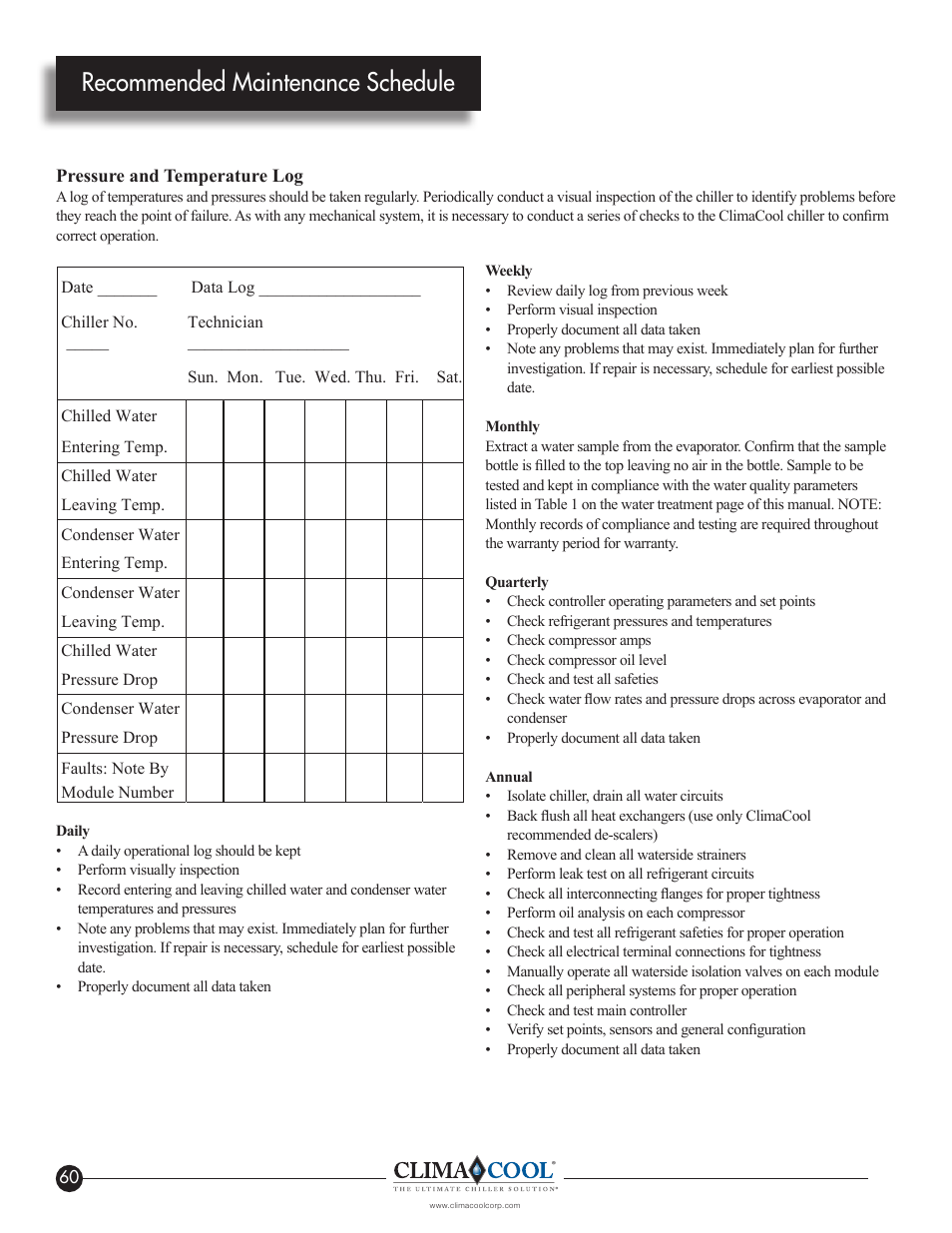 Recommended maintenance schedule | ClimaCool IOM AR2 SERIES User Manual | Page 62 / 80