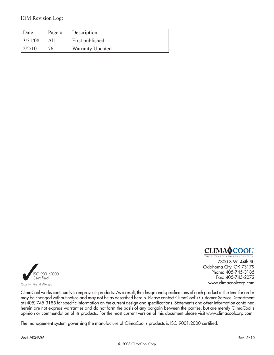 ClimaCool IOM AR2 SERIES User Manual | Page 80 / 80