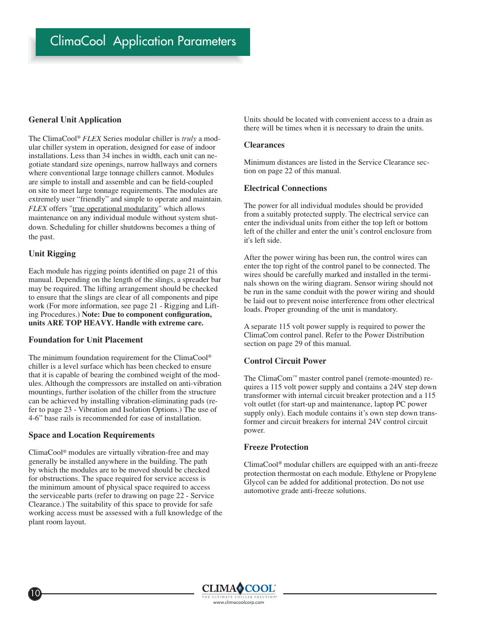 Climacool application parameters | ClimaCool FLEX SERIES 30, 50, 65 User Manual | Page 12 / 40