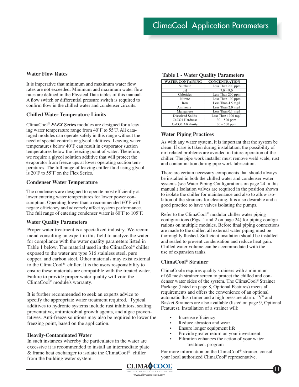 Climacool application parameters | ClimaCool FLEX SERIES 30, 50, 65 User Manual | Page 13 / 40