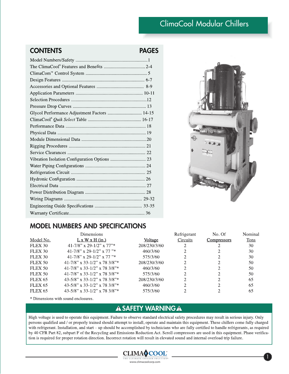 Climacool modular chillers, Model numbers and specifications, Contents pages | Safety warning | ClimaCool FLEX SERIES 30, 50, 65 User Manual | Page 3 / 40