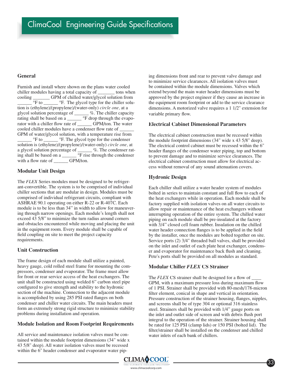 Climacool engineering guide specifications | ClimaCool FLEX SERIES 30, 50, 65 User Manual | Page 35 / 40