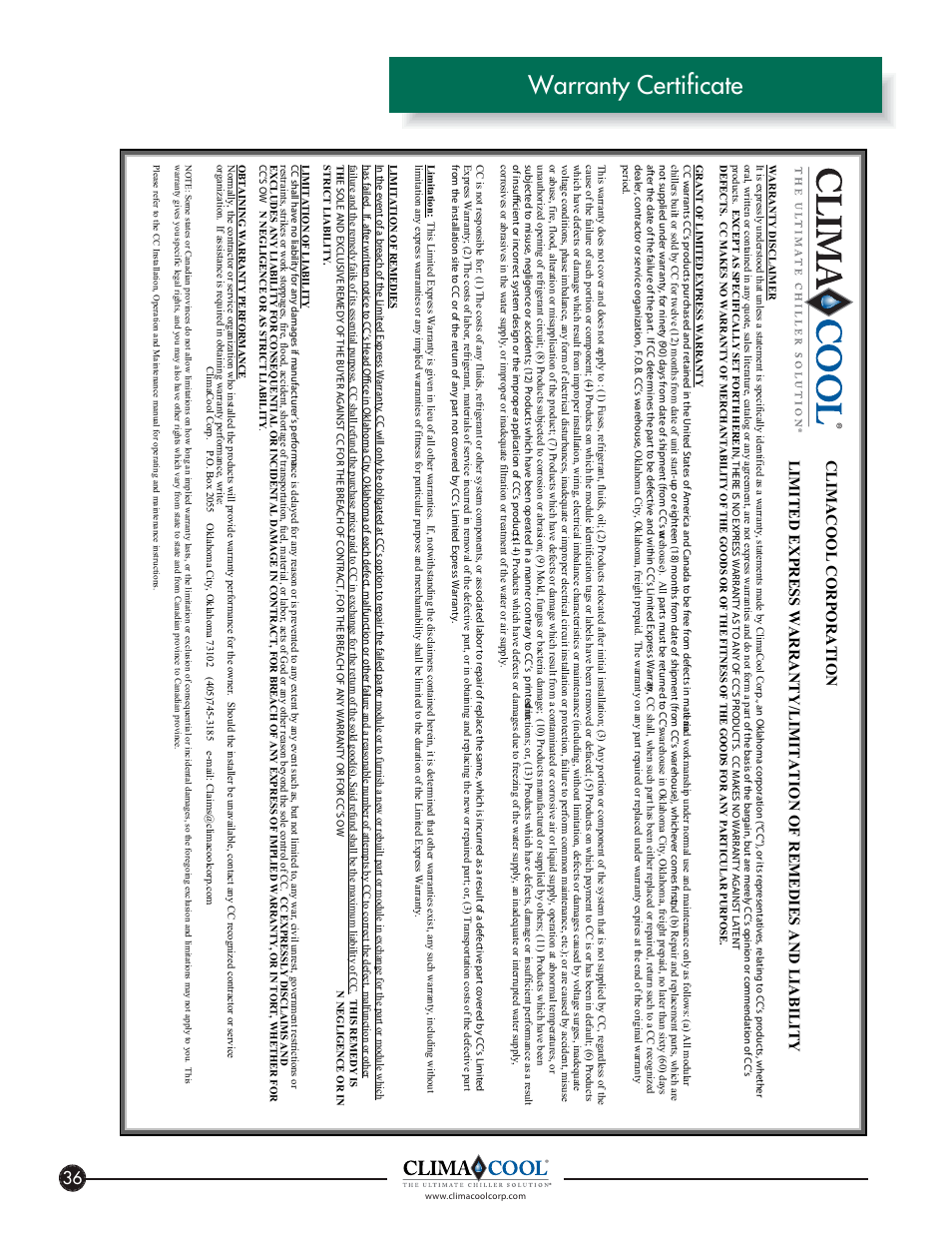 Warranty certificate | ClimaCool FLEX SERIES 30, 50, 65 User Manual | Page 38 / 40