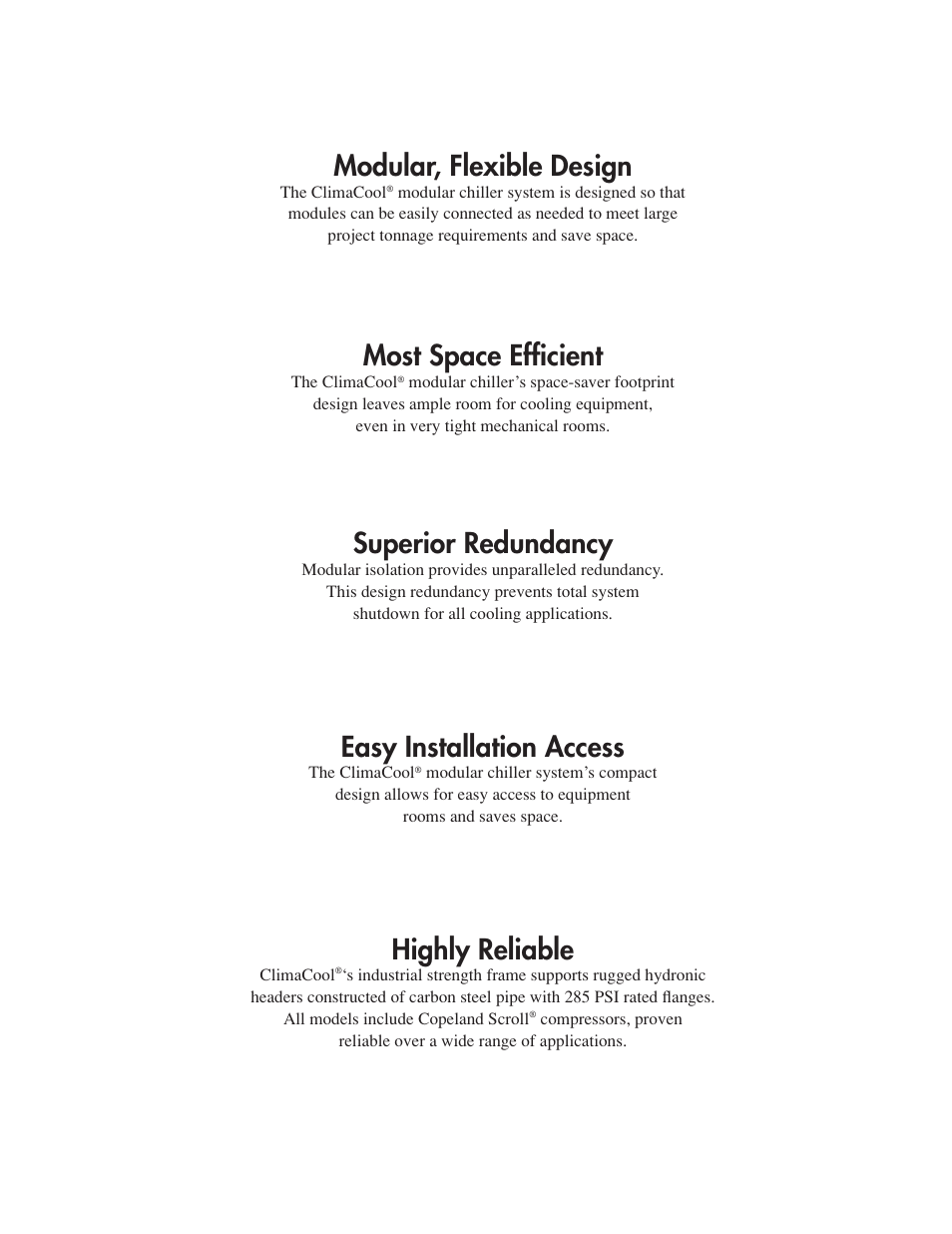 Modular, flexible design, Most space efﬁcient, Superior redundancy | Easy installation access, Highly reliable | ClimaCool FLEX SERIES 30, 50, 65 User Manual | Page 39 / 40