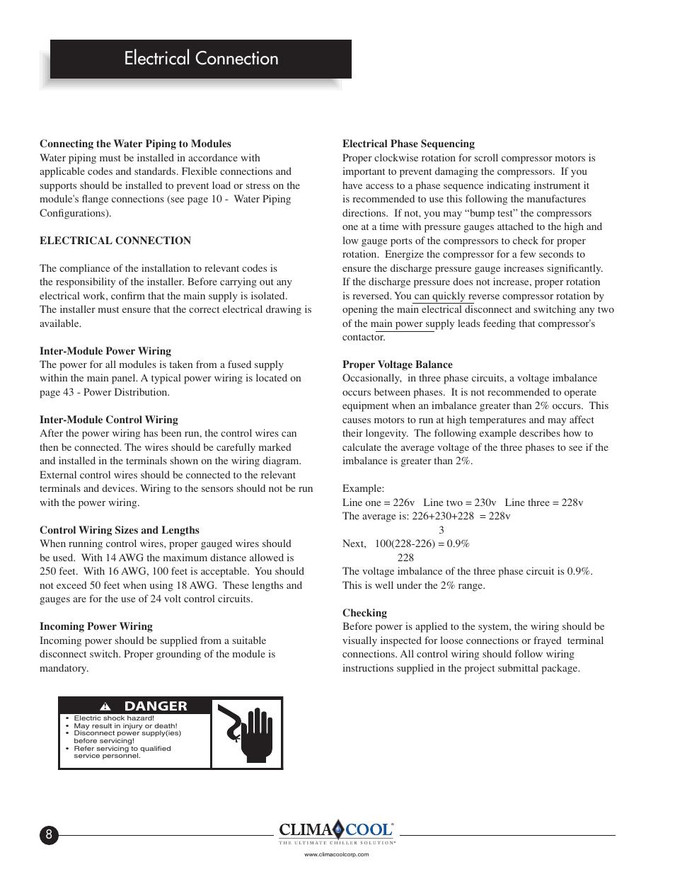 Electrical connection, Danger | ClimaCool IOM FLEX SERIES User Manual | Page 10 / 50