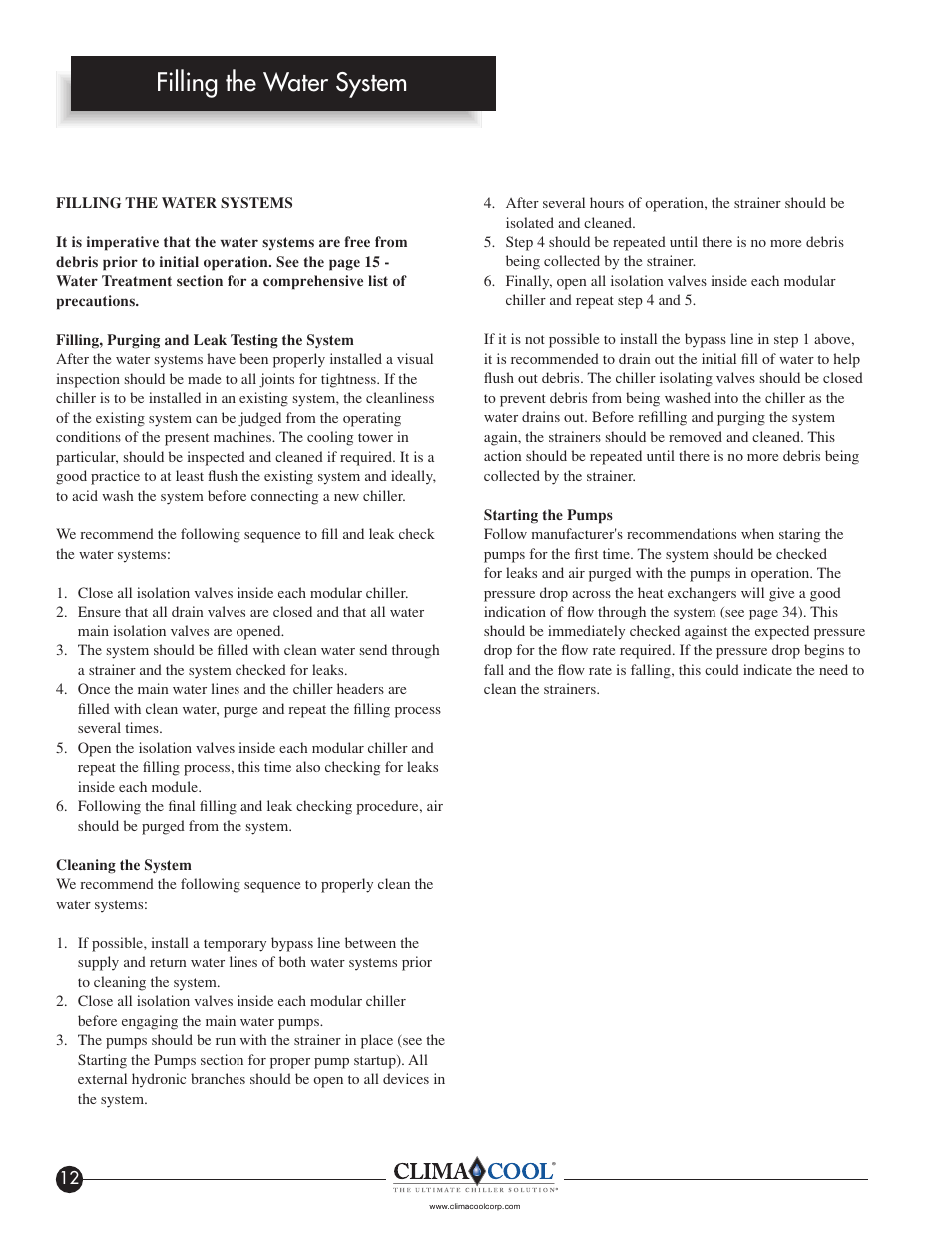 Filling the water system pre-start up | ClimaCool IOM FLEX SERIES User Manual | Page 14 / 50