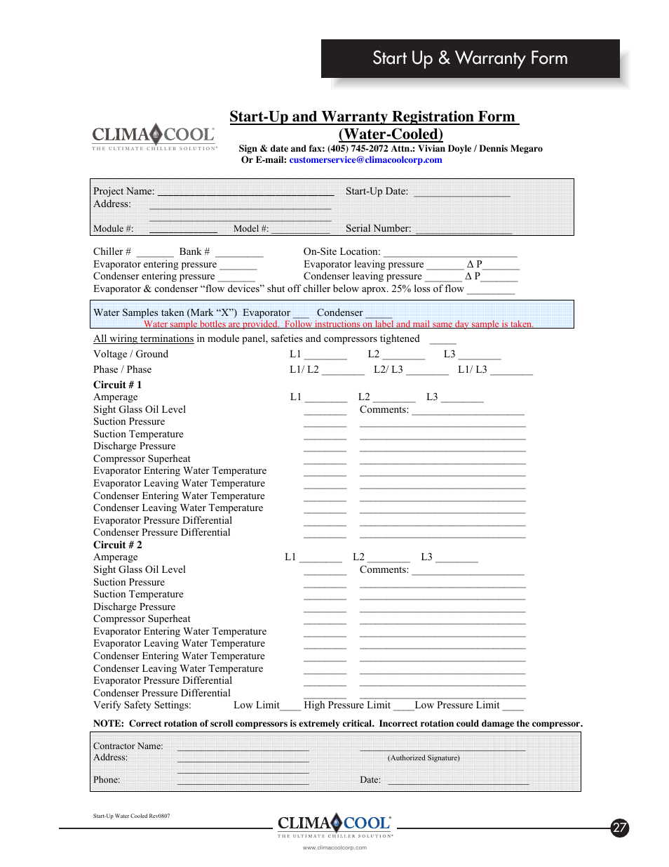 Start up & warranty form | ClimaCool IOM FLEX SERIES User Manual | Page 29 / 50