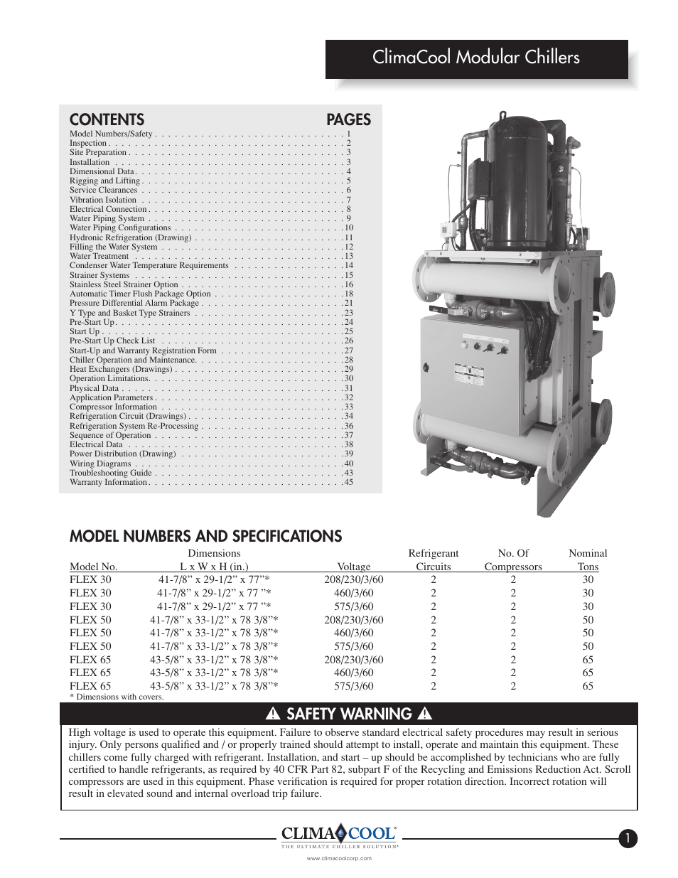 Climacool modular chillers, Model numbers and specifications, Contents pages | Safety warning | ClimaCool IOM FLEX SERIES User Manual | Page 3 / 50