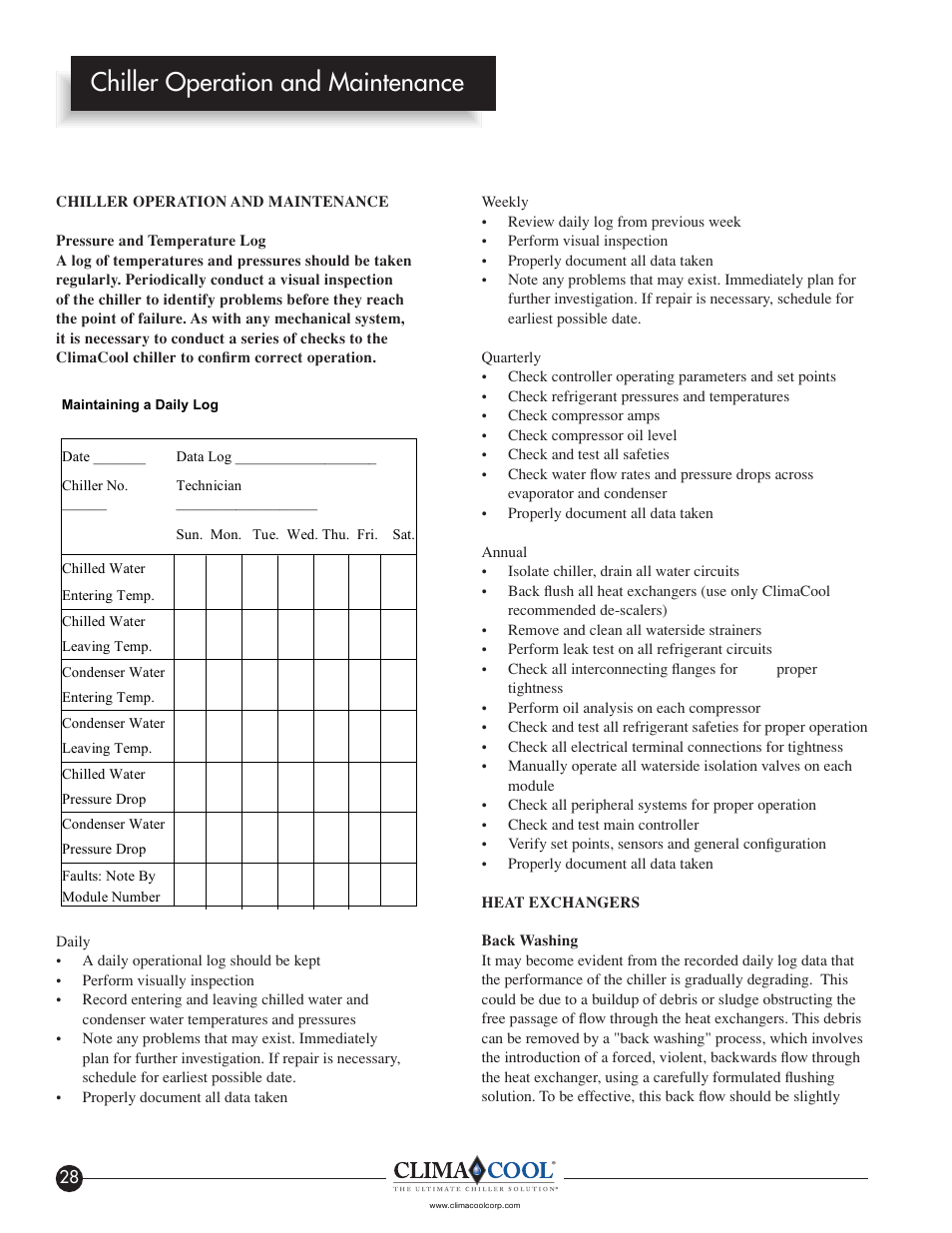 Chiller operation and maintenance, Recommended maintenance schedule | ClimaCool IOM FLEX SERIES User Manual | Page 30 / 50