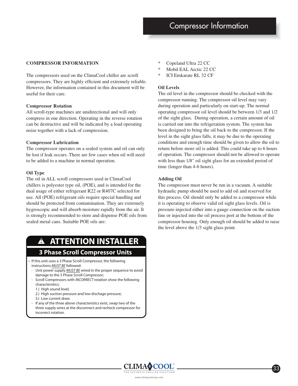 Attention installer, Compressor information, 3 phase scroll compressor units | ClimaCool IOM FLEX SERIES User Manual | Page 35 / 50