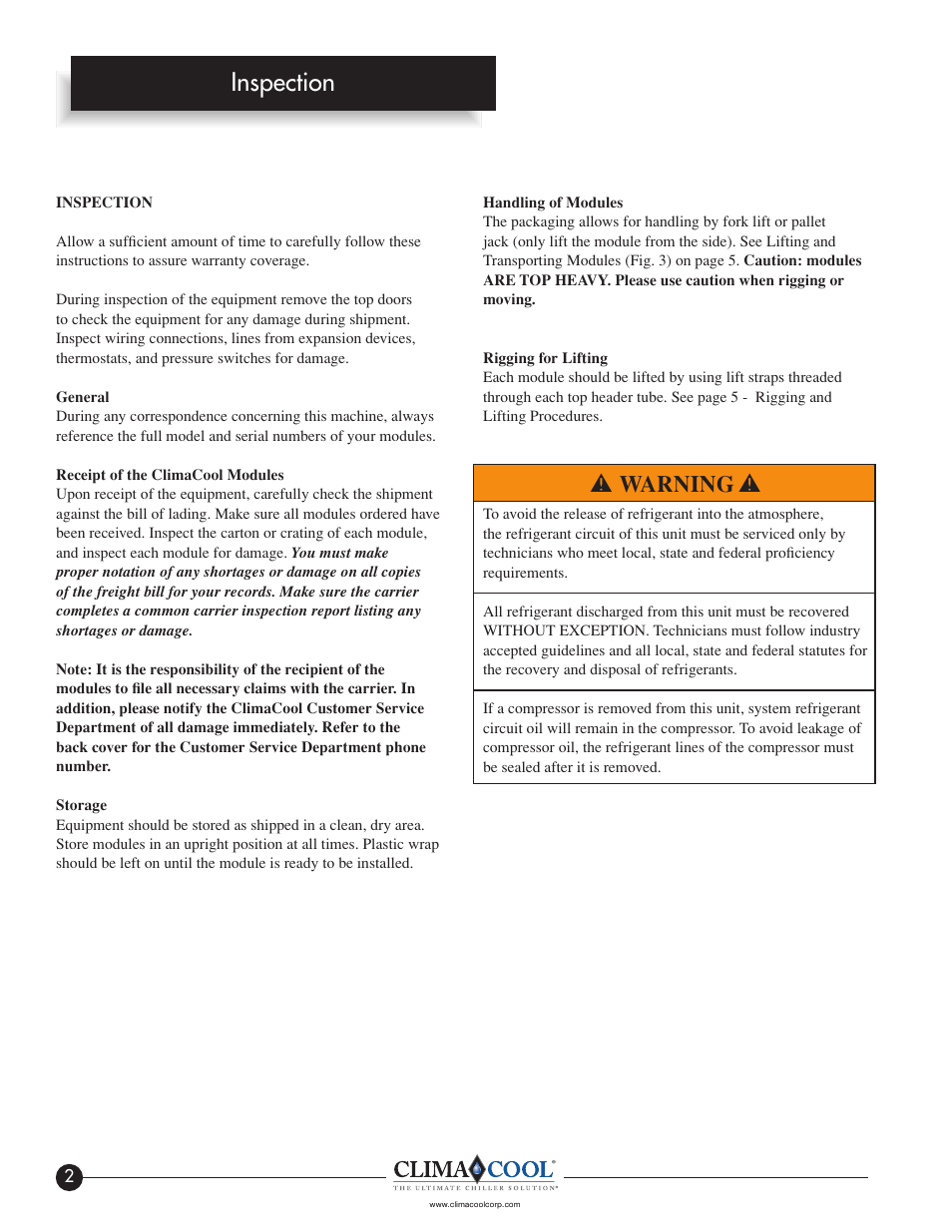 Inspection, Warning | ClimaCool IOM FLEX SERIES User Manual | Page 4 / 50
