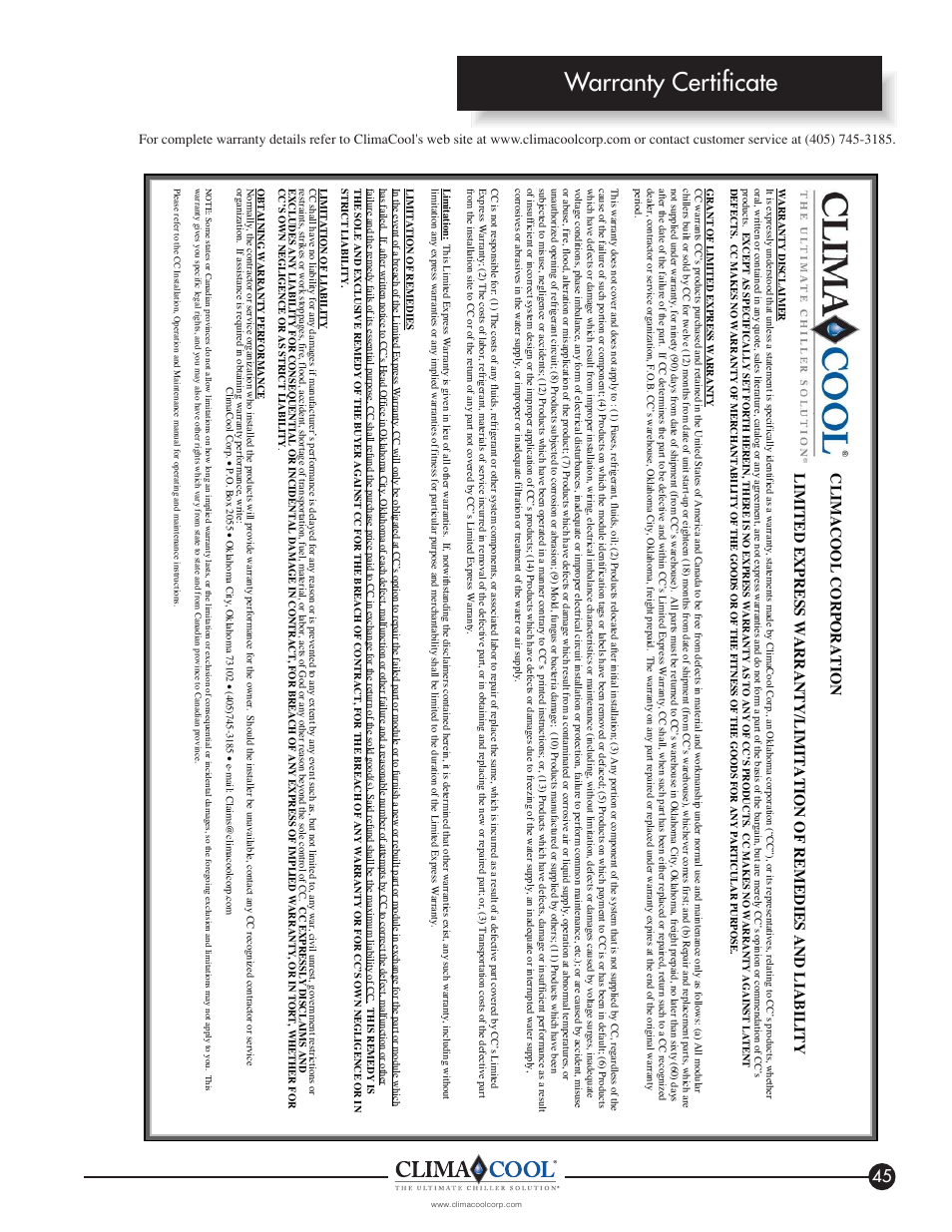 Warranty certificate | ClimaCool IOM FLEX SERIES User Manual | Page 47 / 50