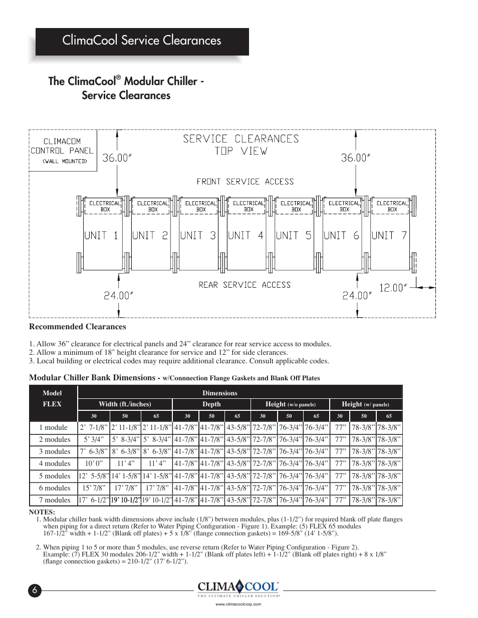 Climacool service clearances, The climacool, Modular chiller - service clearances | ClimaCool IOM FLEX SERIES User Manual | Page 8 / 50