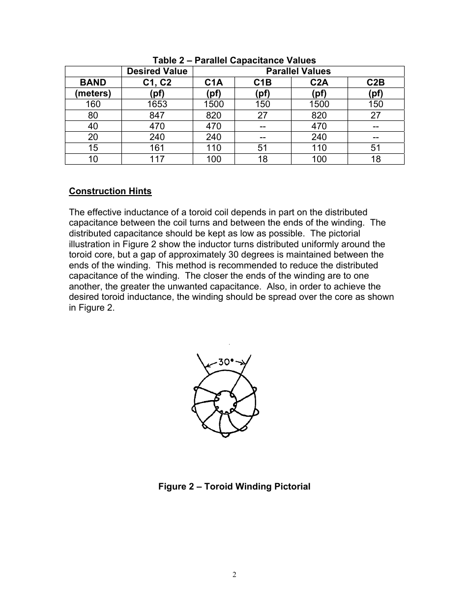 Table 2 – parallel capacitance values, Construction hints, Figure 2 – toroid winding pictorial | Communication Concepts FL1 Low Pass Filter User Manual | Page 2 / 6
