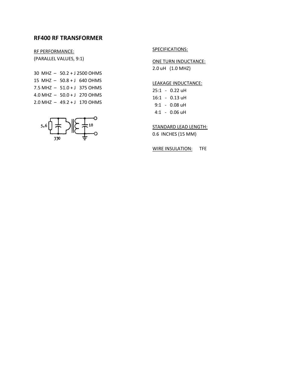 Communication Concepts RF400 Specifications User Manual | 1 page