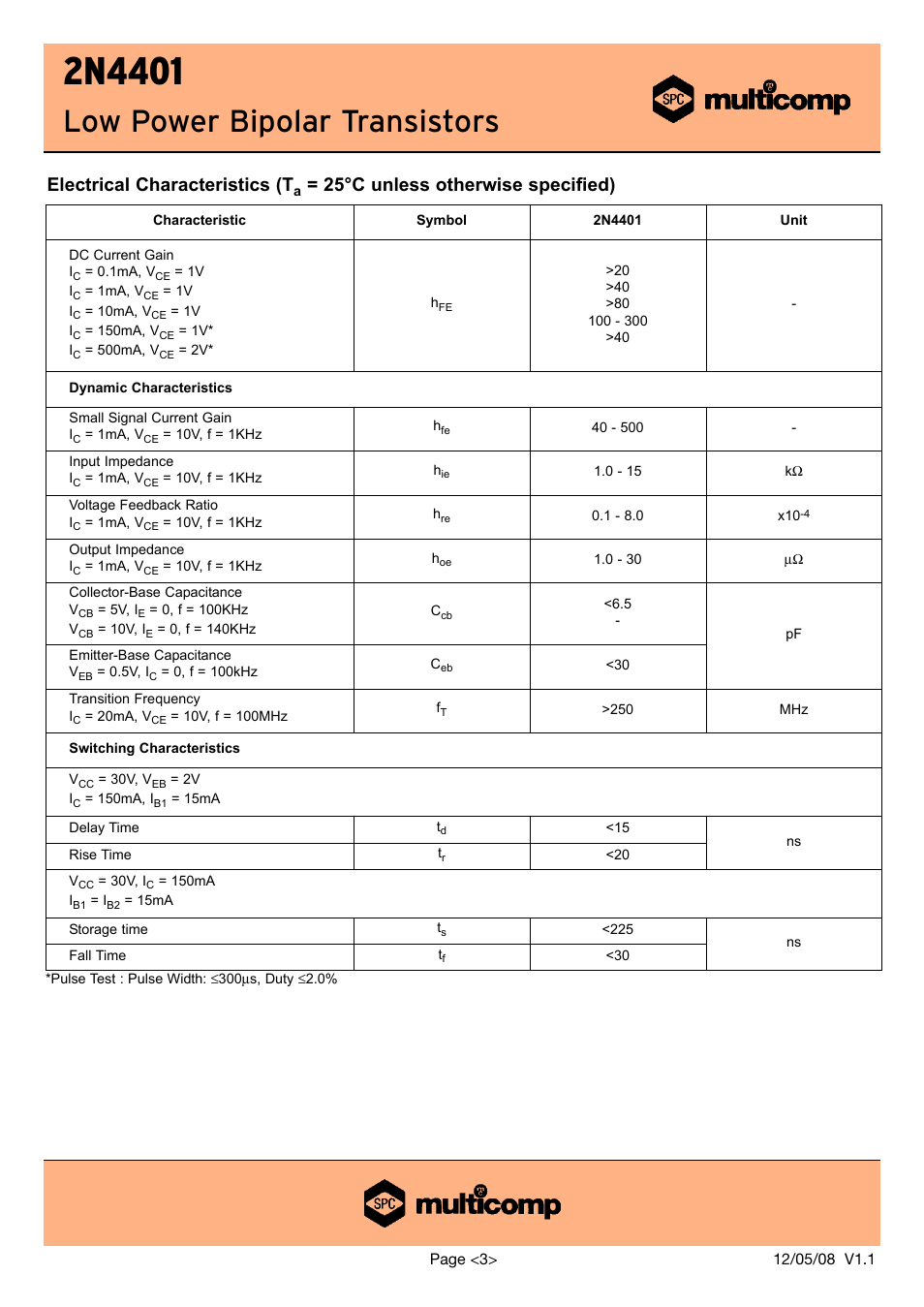 Low power bipolar transistors, Electrical characteristics (t, 25°c unless otherwise specified) | Communication Concepts 2N4401 User Manual | Page 3 / 7