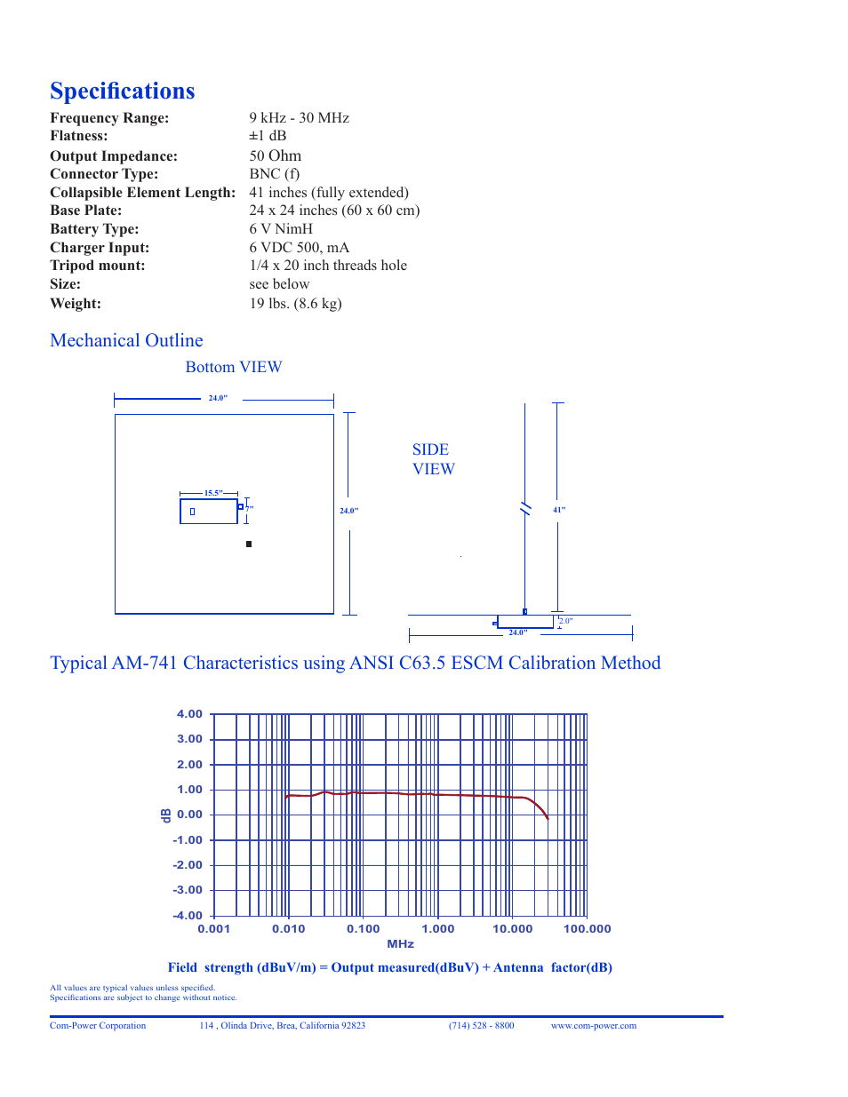 Specifications | Com-Power AM-741 User Manual | Page 2 / 2