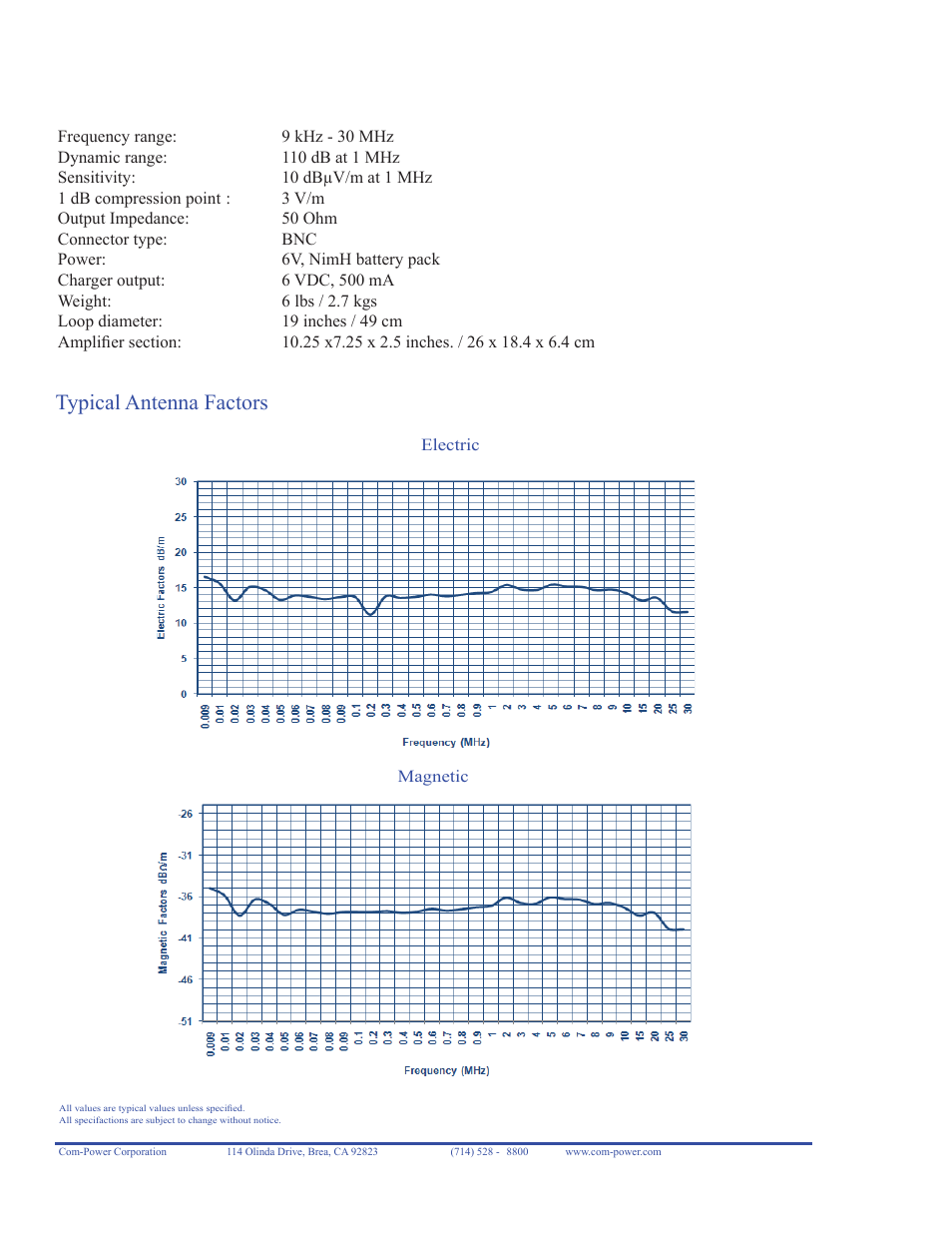 Specifi cations, Typical antenna factors | Com-Power AL-130 User Manual | Page 2 / 2