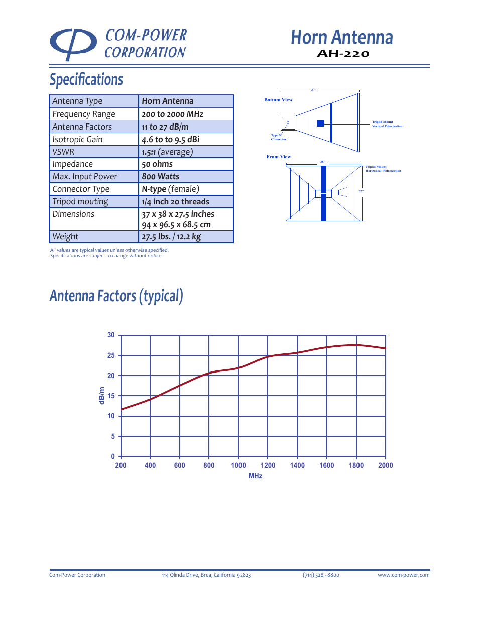 Horn antenna, Antenna factors (typical) specifications, Ah-220 | Com-Power AH-220 User Manual | Page 2 / 2