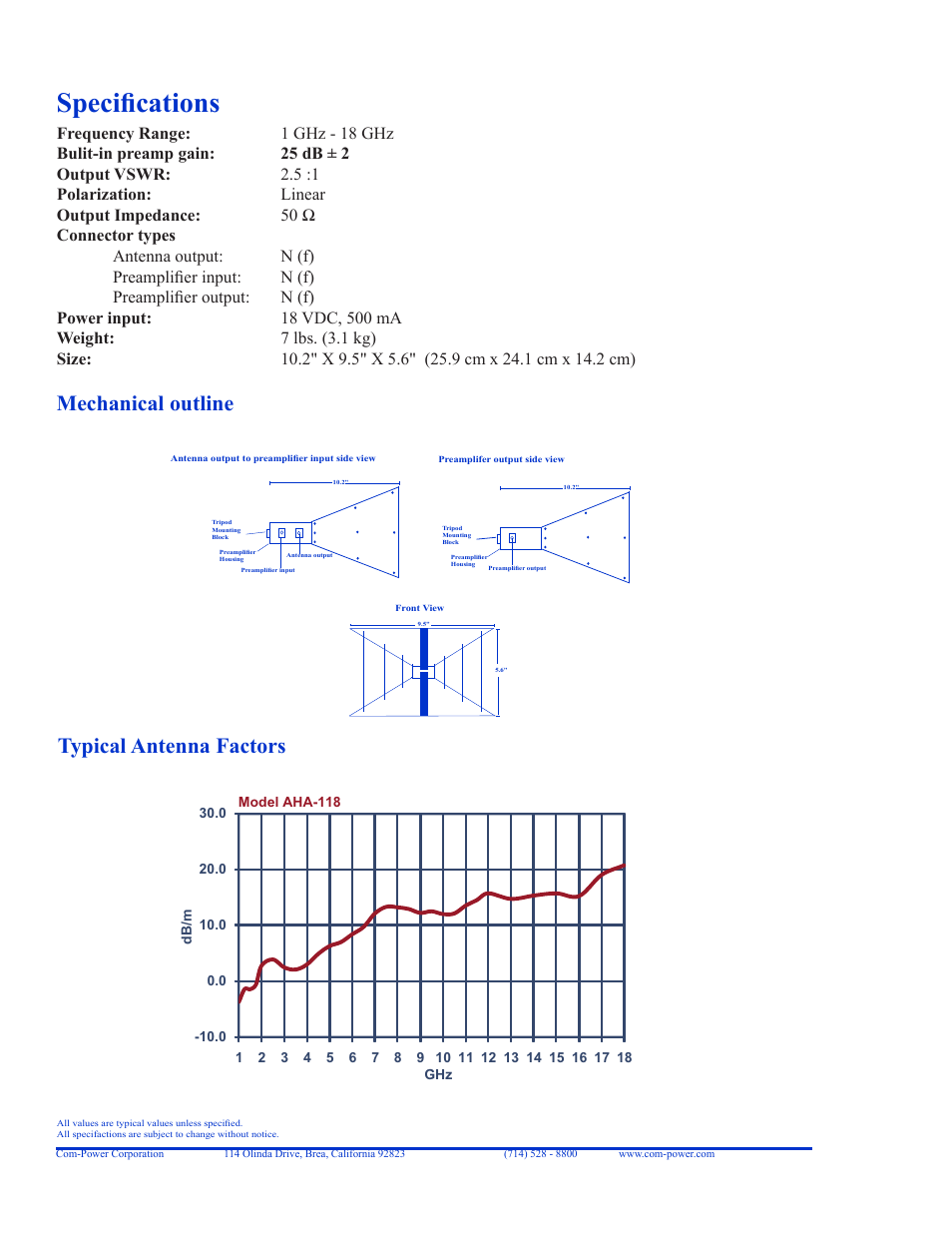 Specifications, Typical antenna factors, Mechanical outline | Com-Power AHA-118 User Manual | Page 2 / 2