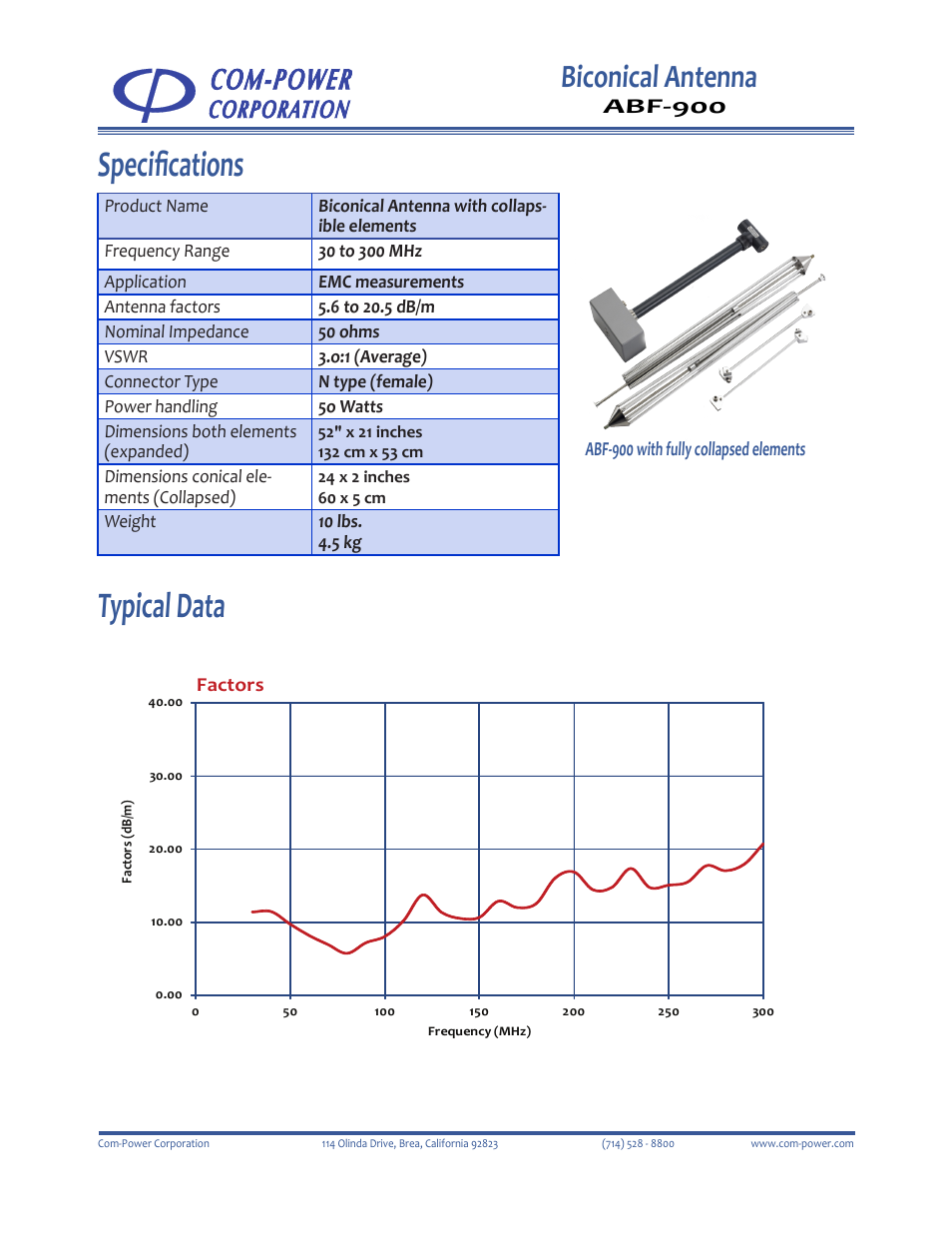 Specifications, Typical data, Biconical antenna | Abf-900 | Com-Power ABF-900 User Manual | Page 2 / 2