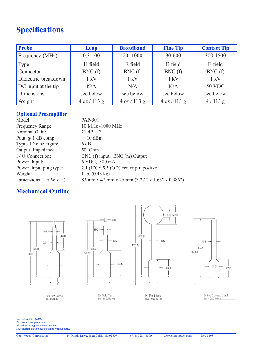 Specifications, Mechanical outline | Com-Power PS-500 User Manual | Page 2 / 2