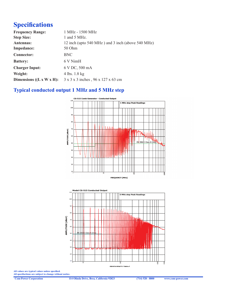 Specifications, Typical conducted output 1 mhz and 5 mhz step | Com-Power CG-515 User Manual | Page 2 / 2