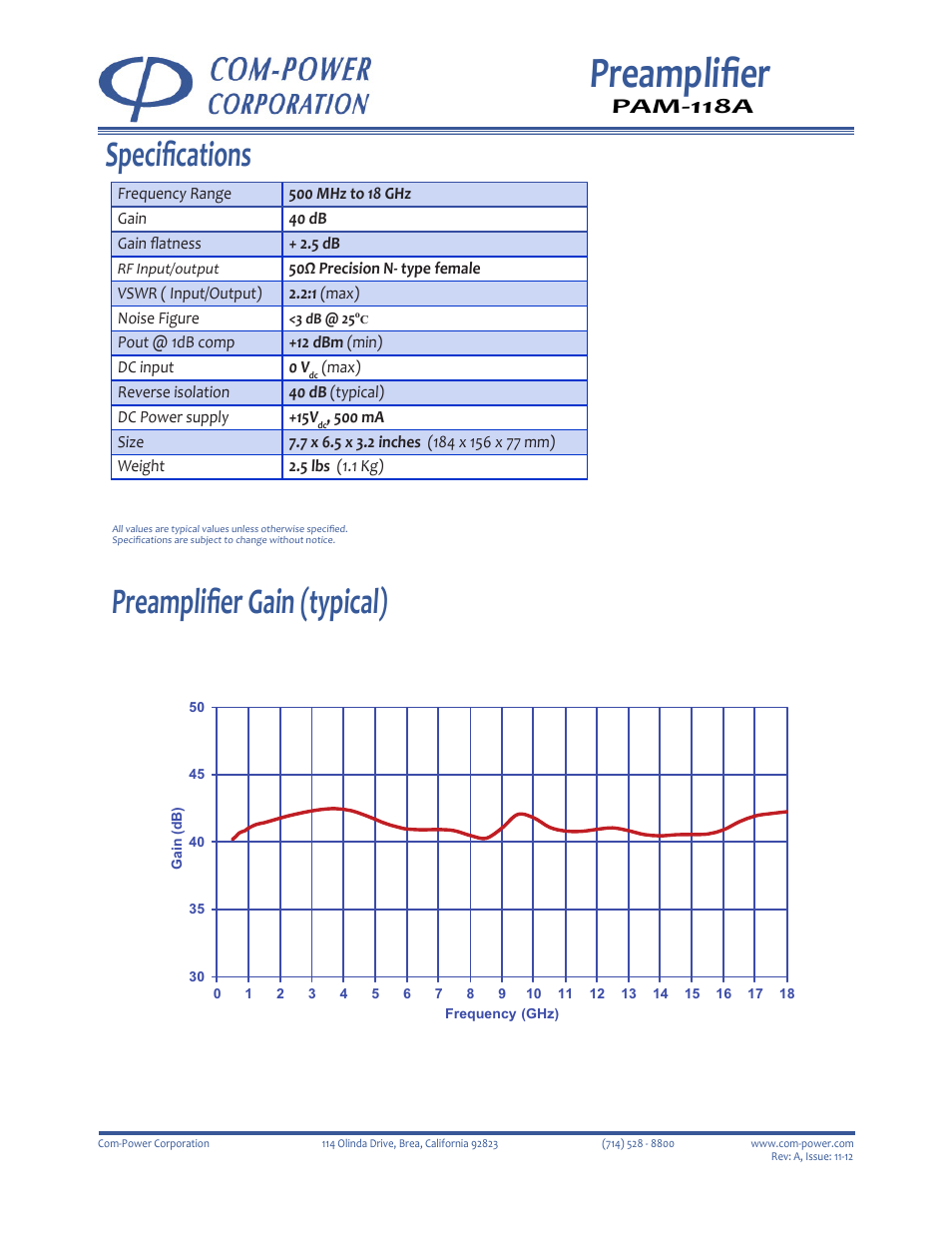 Preamplifier, Specifications, Preamplifier gain (typical) | Pam-118a | Com-Power PAM-118A User Manual | Page 2 / 2