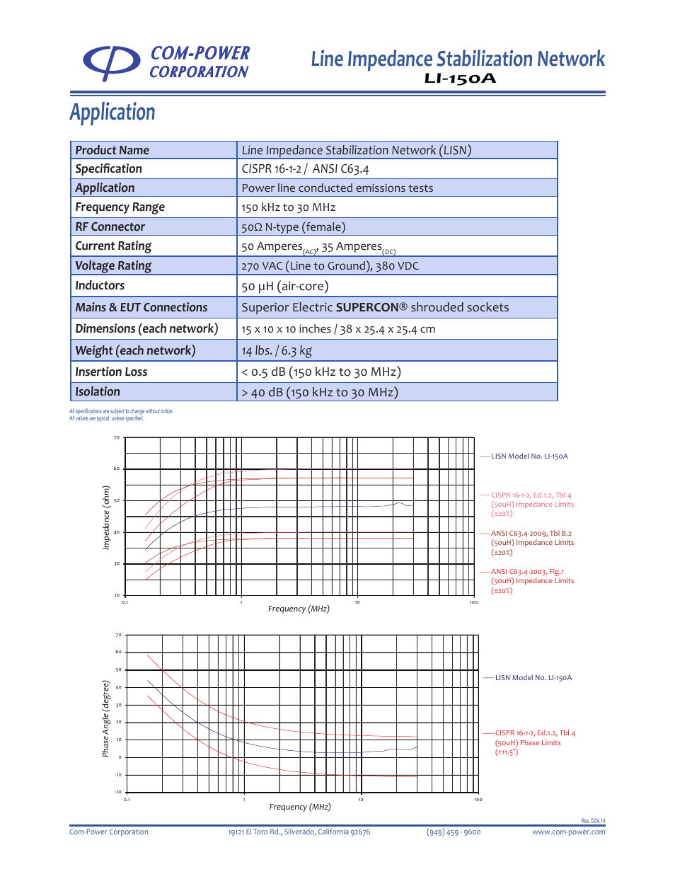 Application, Line impedance stabilization network, Li-150a | Frequency range, Rf connector, Current rating, Voltage rating, Power line conducted emissions tests, 50ω n-type (female), 50 amperes | Com-Power LI-150A User Manual | Page 2 / 2