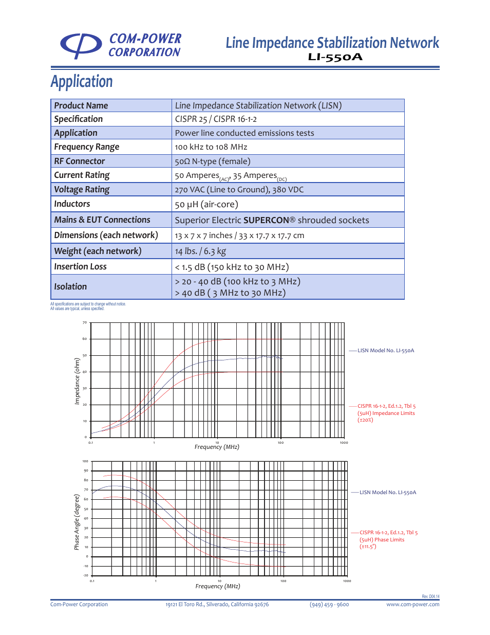 Application, Line impedance stabilization network, Li-550a | Frequency range, Rf connector, Current rating, Voltage rating, Power line conducted emissions tests, 50ω n-type (female), 50 amperes | Com-Power LI-550A User Manual | Page 2 / 2
