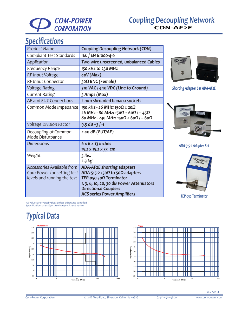 Typical data, Specifications, Coupling decoupling network | Cdn-af2e | Com-Power CDN-AF2E User Manual | Page 2 / 2