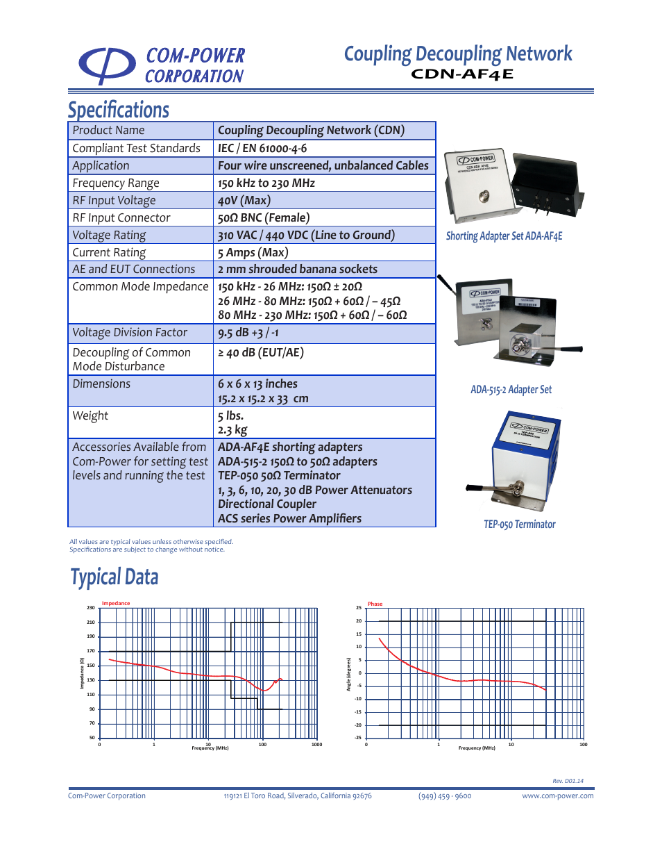 Typical data, Specifications, Coupling decoupling network | Cdn-af4e | Com-Power CDN-AF4E User Manual | Page 2 / 2