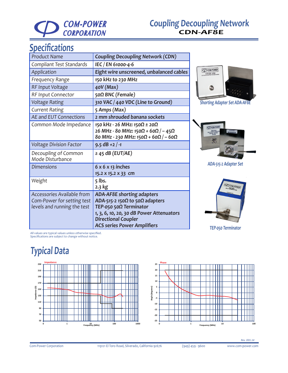 Specifications, Typical data, Coupling decoupling network | Cdn-af8e | Com-Power CDN-AF8E User Manual | Page 2 / 2