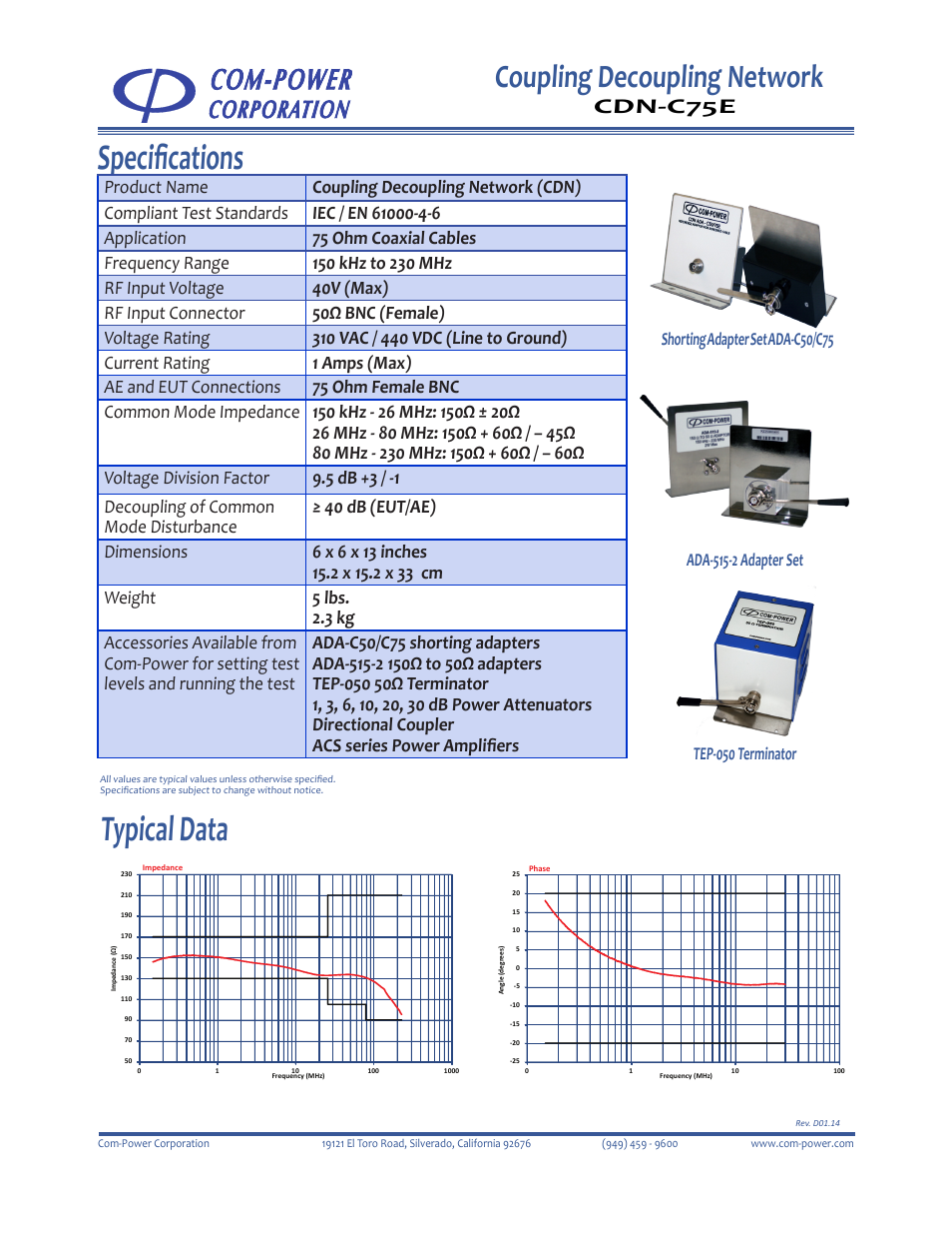 Typical data, Specifications, Coupling decoupling network | Cdn-c75e | Com-Power CDN-C75E User Manual | Page 2 / 2
