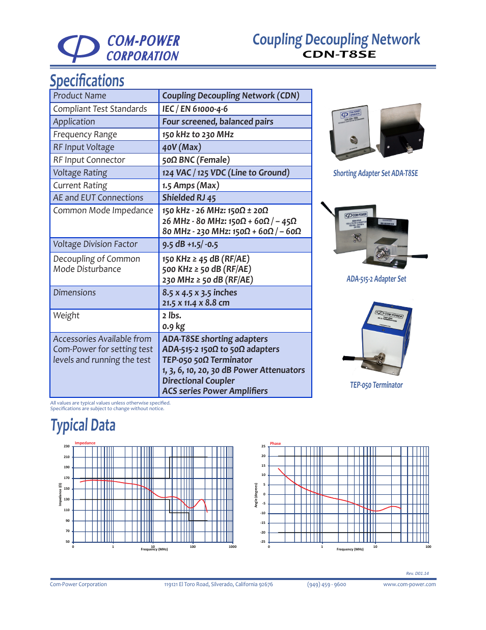 Typical data, Specifications, Coupling decoupling network | Cdn-t8se | Com-Power CDN-T8SE User Manual | Page 2 / 2