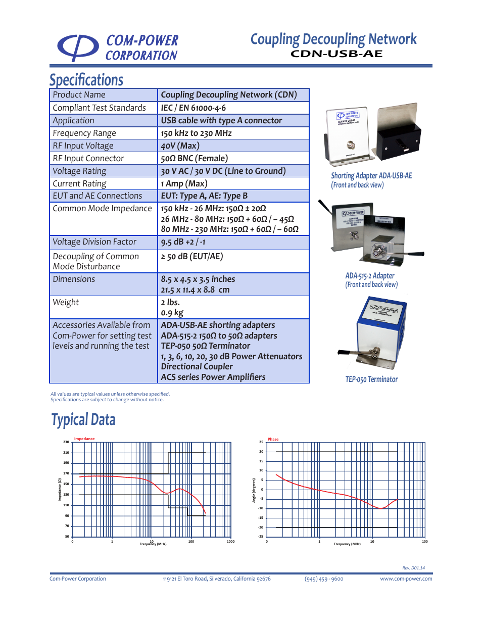 Typical data, Specifications, Coupling decoupling network | Cdn-usb-ae, Shorting adapter ada-usb-ae, Ada-515-2 adapter | Com-Power CDN-USB-AE User Manual | Page 2 / 2
