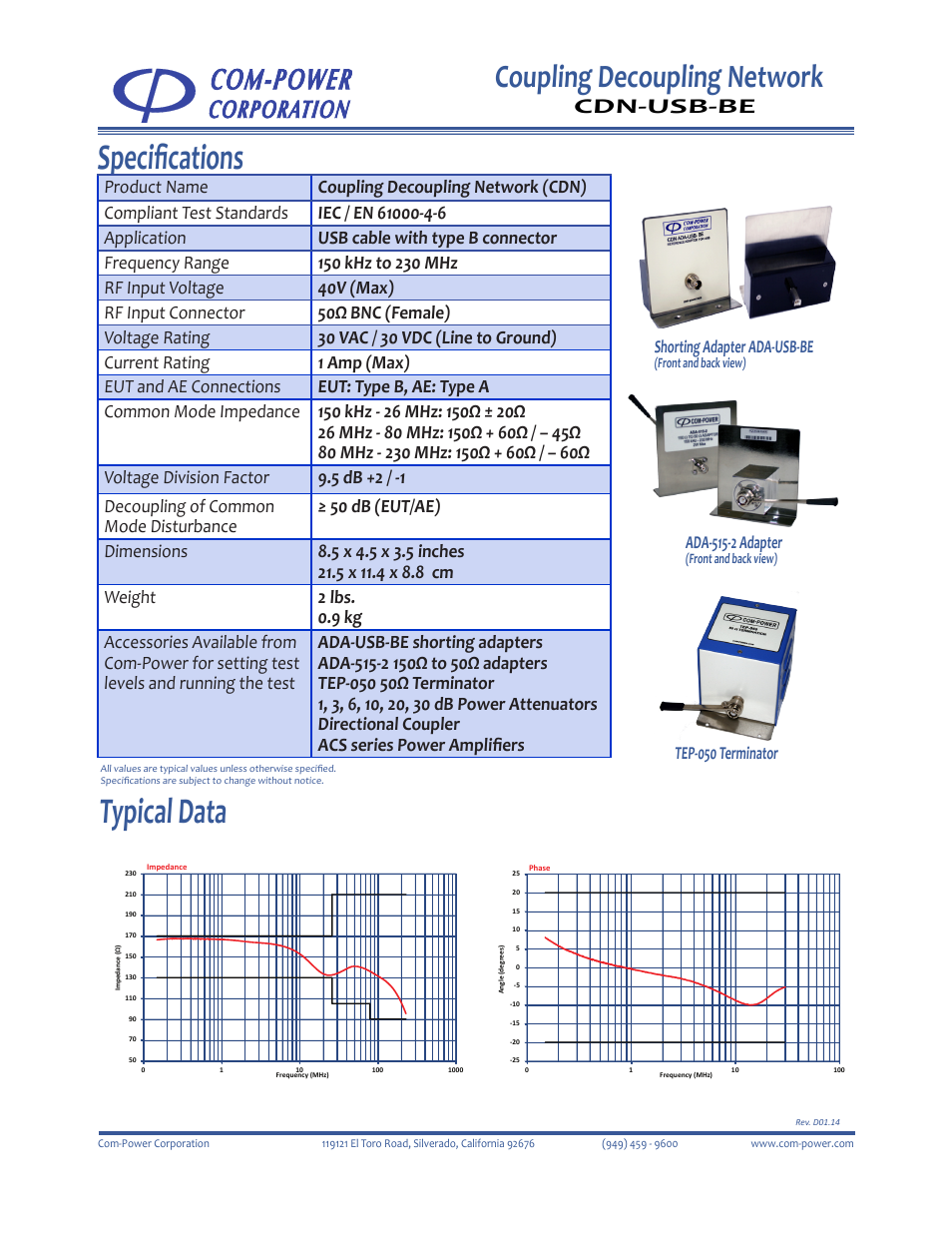 Typical data, Specifications, Coupling decoupling network | Cdn-usb-be, Shorting adapter ada-usb-be, Ada-515-2 adapter, Tep-050 terminator | Com-Power CDN-USB-BE User Manual | Page 2 / 2