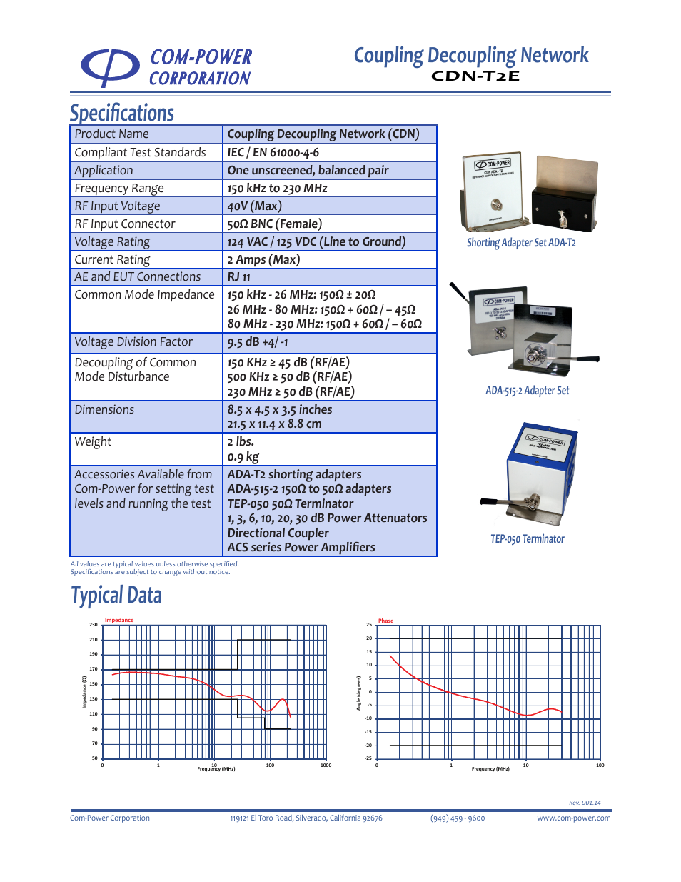 Typical data, Specifications, Coupling decoupling network | Cdn-t2e | Com-Power CDN-T2E User Manual | Page 2 / 2