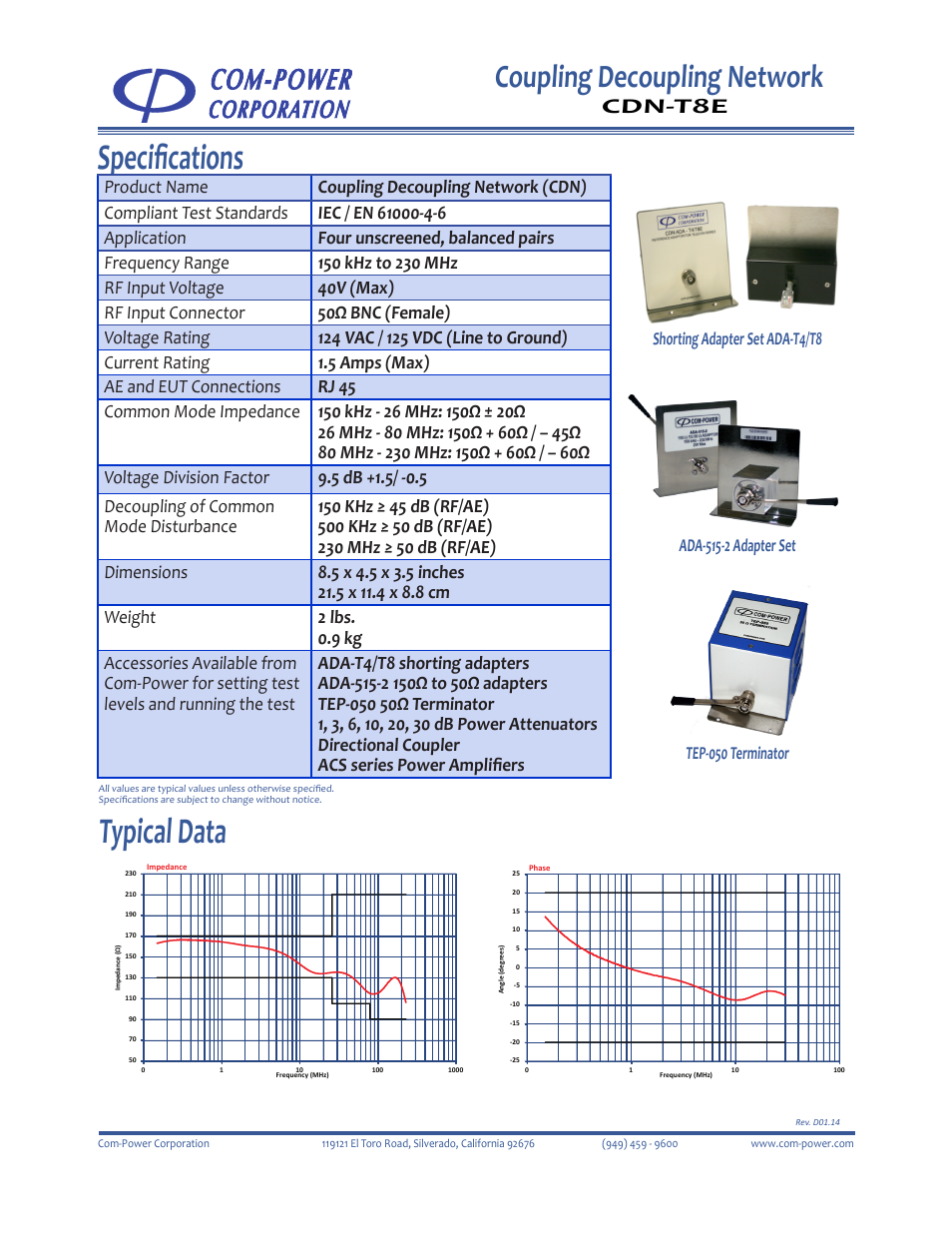 Typical data, Specifications, Coupling decoupling network | Cdn-t8e | Com-Power CDN-T8E User Manual | Page 2 / 2