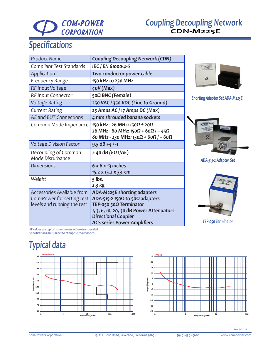 Specifications, Typical data, Coupling decoupling network | Cdn-m225e | Com-Power CDN-M225E User Manual | Page 2 / 2