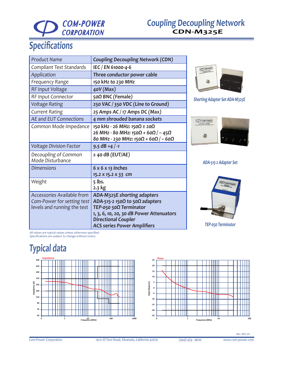 Specifications, Typical data, Coupling decoupling network | Cdn-m325e | Com-Power CDN-M325E User Manual | Page 2 / 2