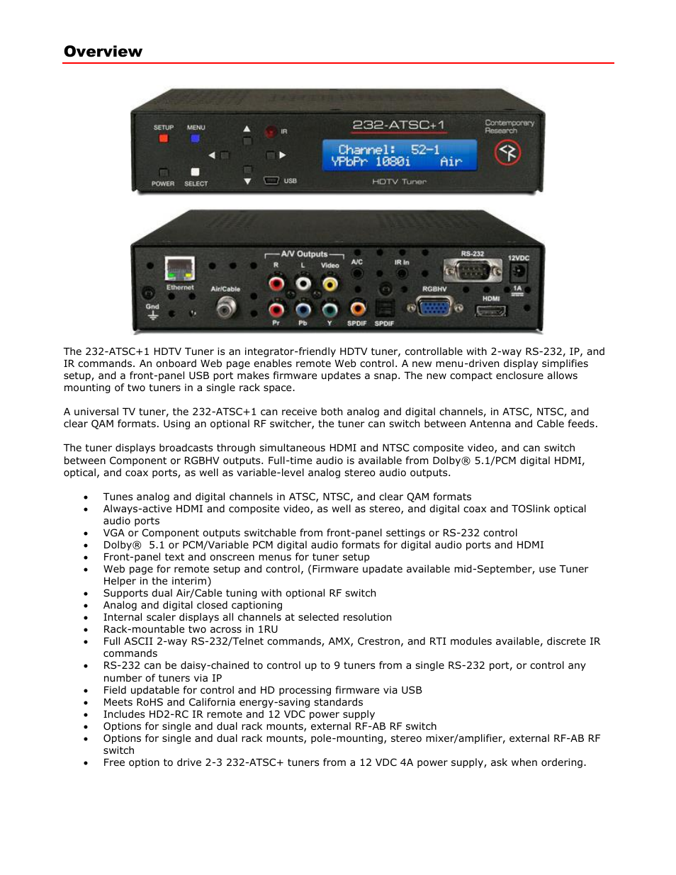 Overview | Contemporary Research 232-ATSC+1 User Manual | Page 3 / 29